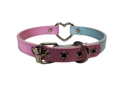 Pink and blue faux leather heart ring collar back view