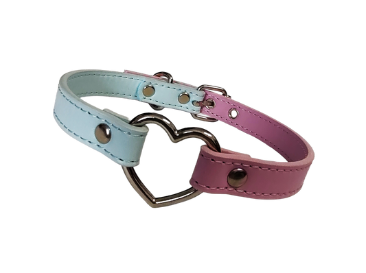 Pink and blue faux leather heart ring collar front view