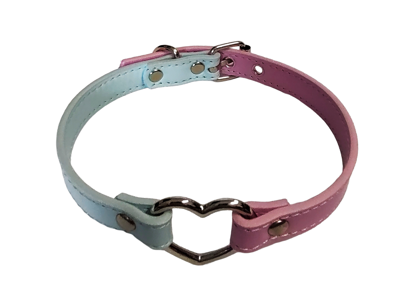 Pink and blue faux leather heart ring collar top view