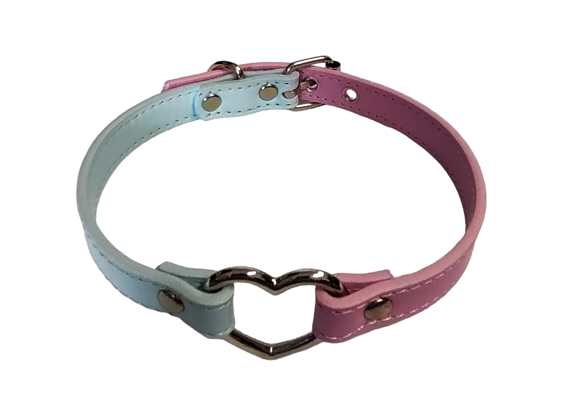 Pink and blue faux leather heart ring collar top view