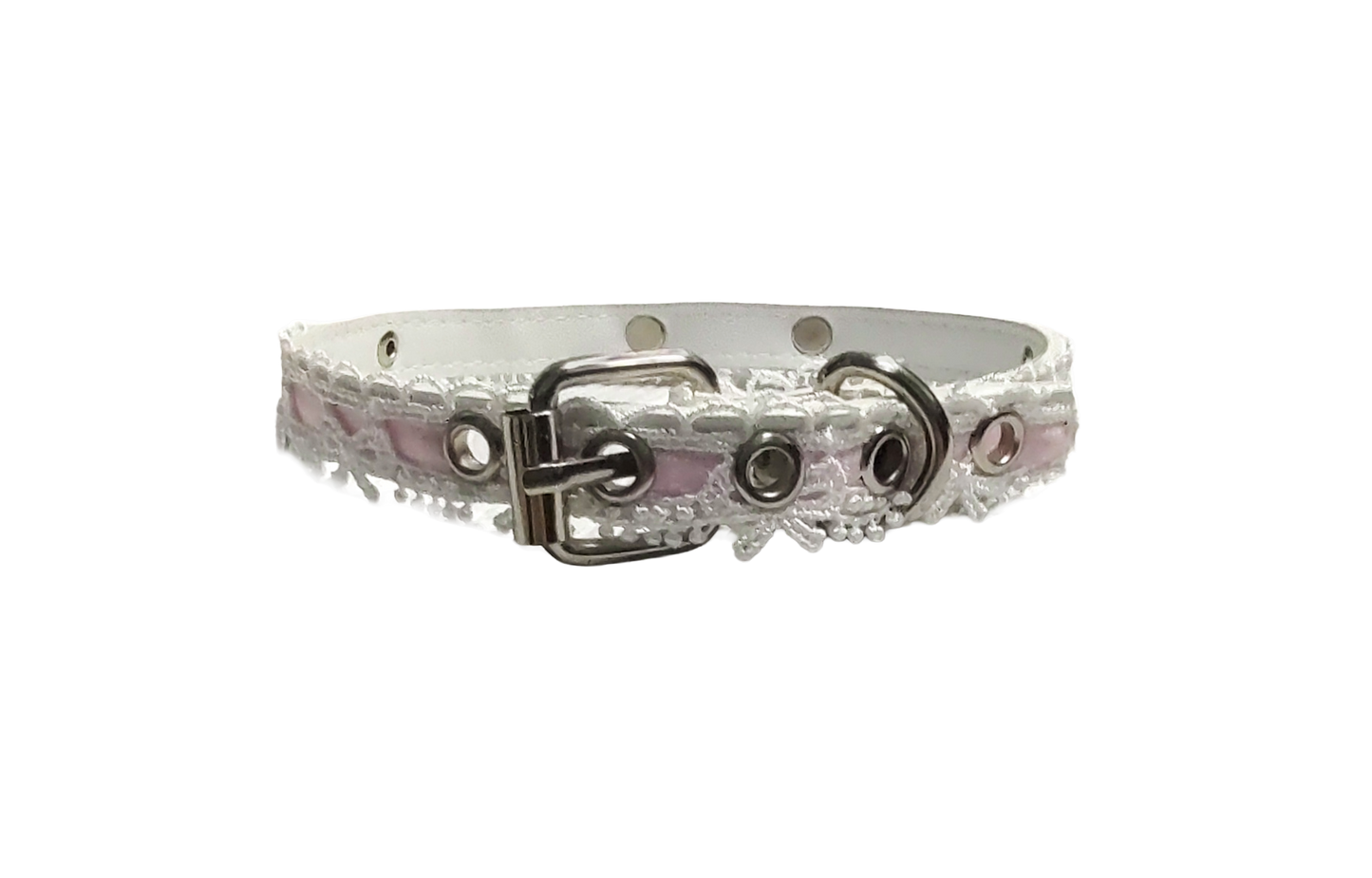White faux leather collar with white lace pink ribbon and coachman loop back view