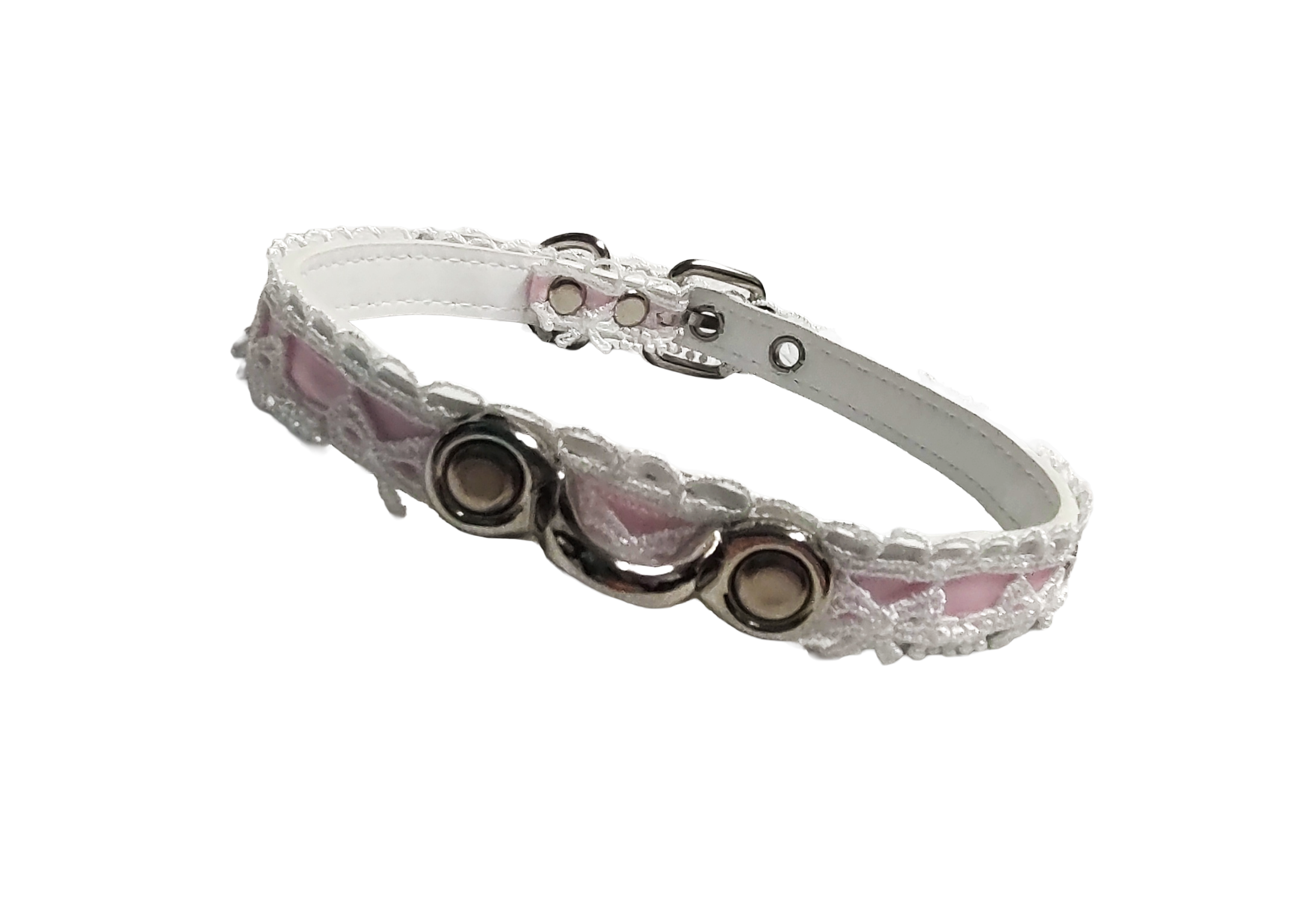 White faux leather collar with white lace pink ribbon and coachman loop front view