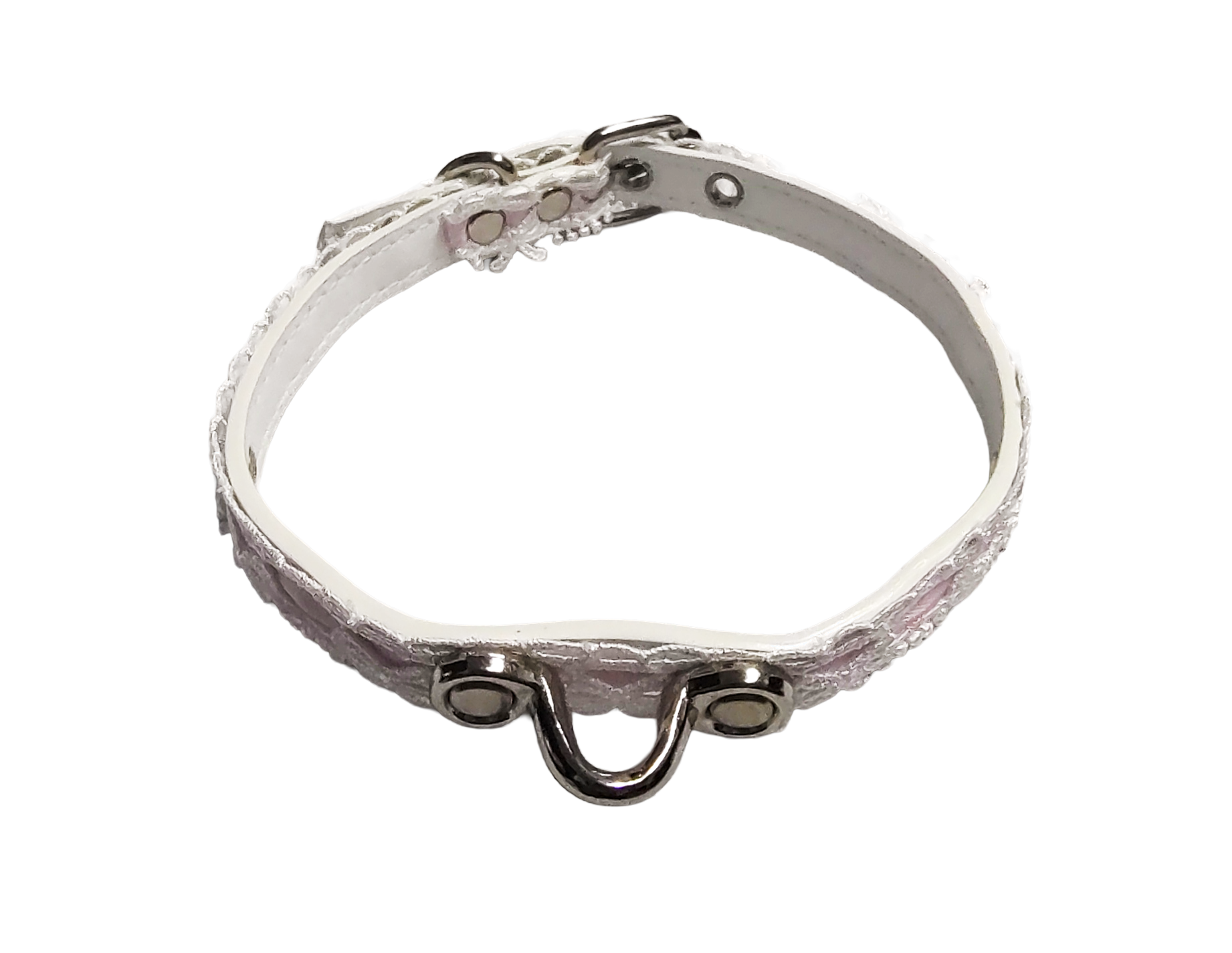 White faux leather collar with white lace pink ribbon and coachman loop top view