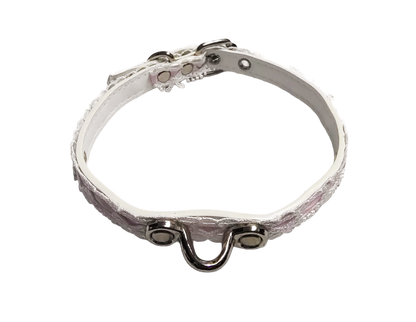 White faux leather collar with white lace pink ribbon and coachman loop top view