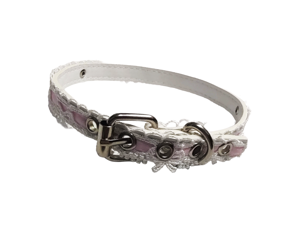 White faux leather and lace collar with pink ribbon and bow lace details back view