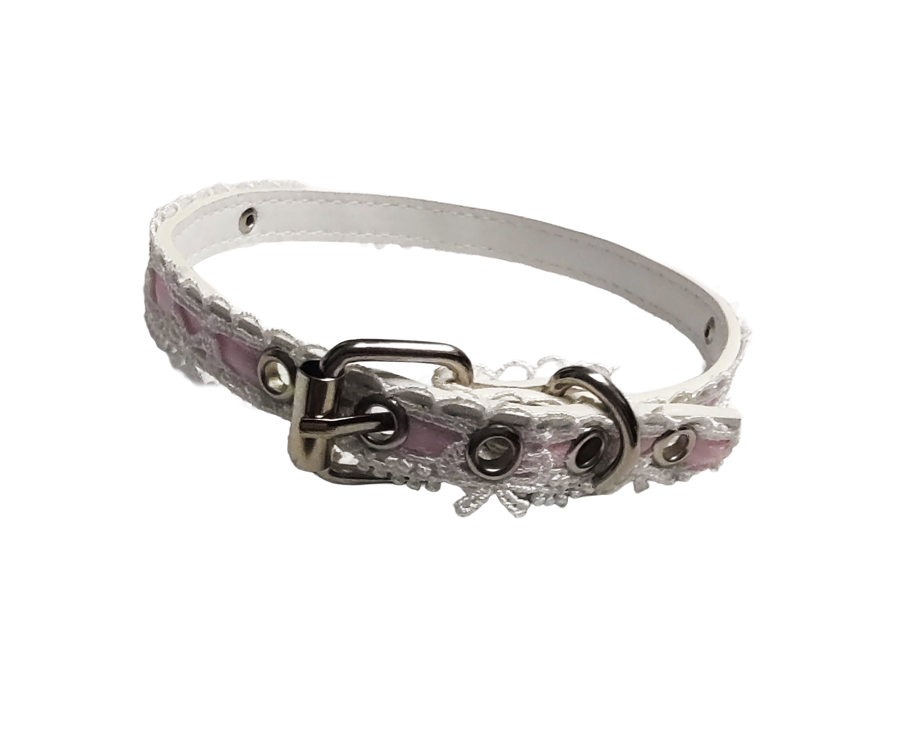 White faux leather and lace collar with pink ribbon and bow lace details back view