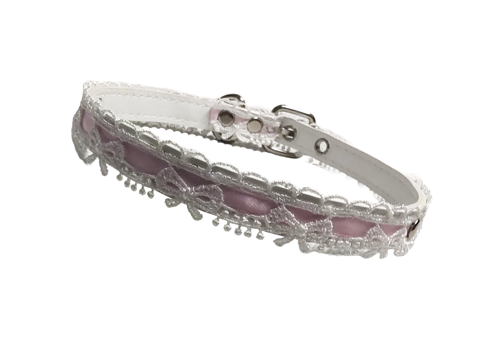 White faux leather and lace collar with pink ribbon and bow lace details front view