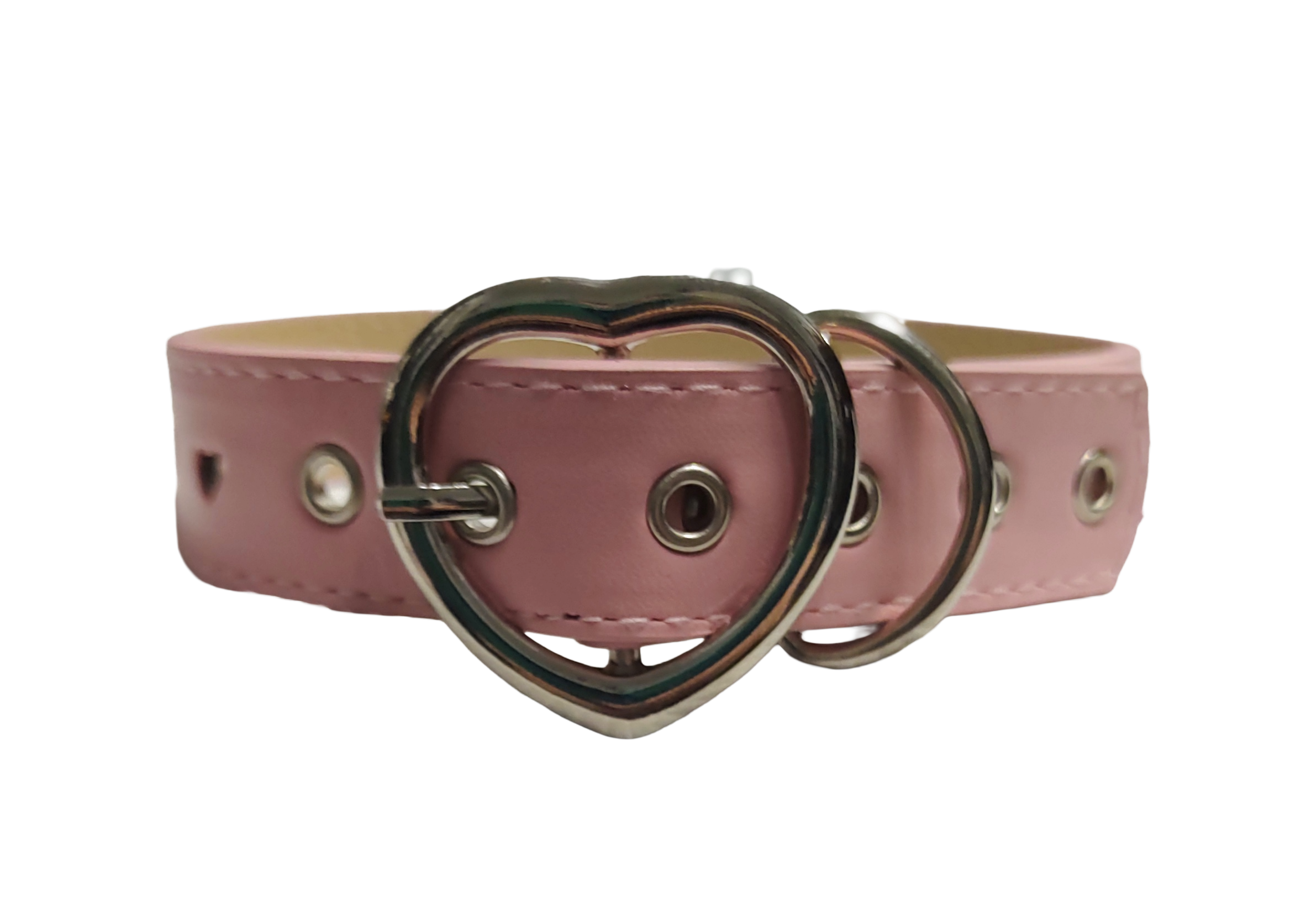 Pink faux leather collar with heart cut outs and heart shaped buckle back view