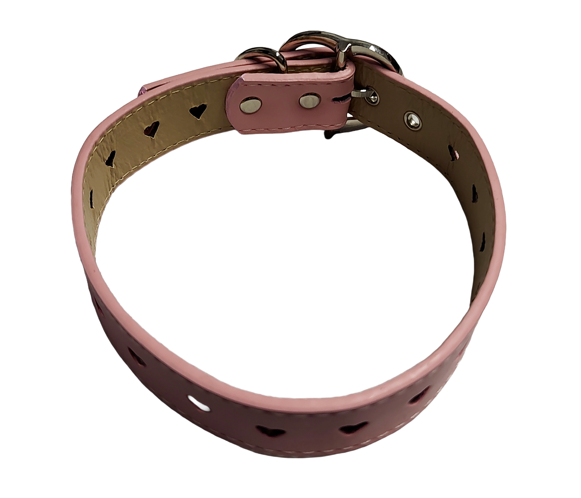 Pink faux leather collar with heart cut outs and heart shaped buckle top view