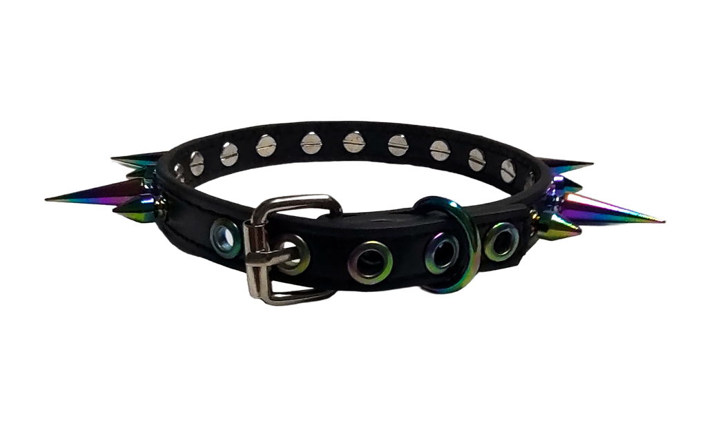 Black faux leather spiked collar with alternating iridescent rainbow spikes back view