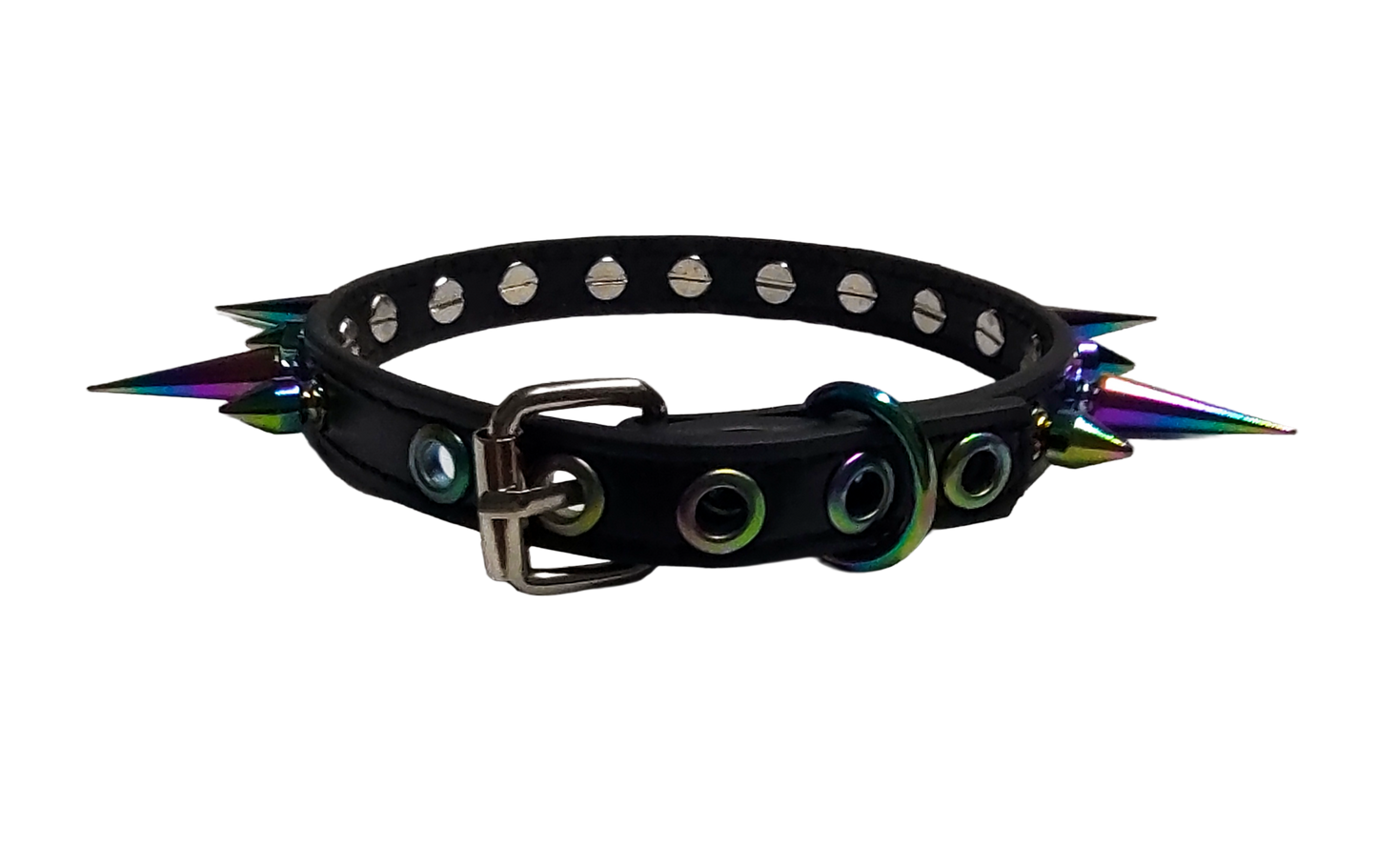 Black faux leather spiked collar with alternating iridescent rainbow spikes back view