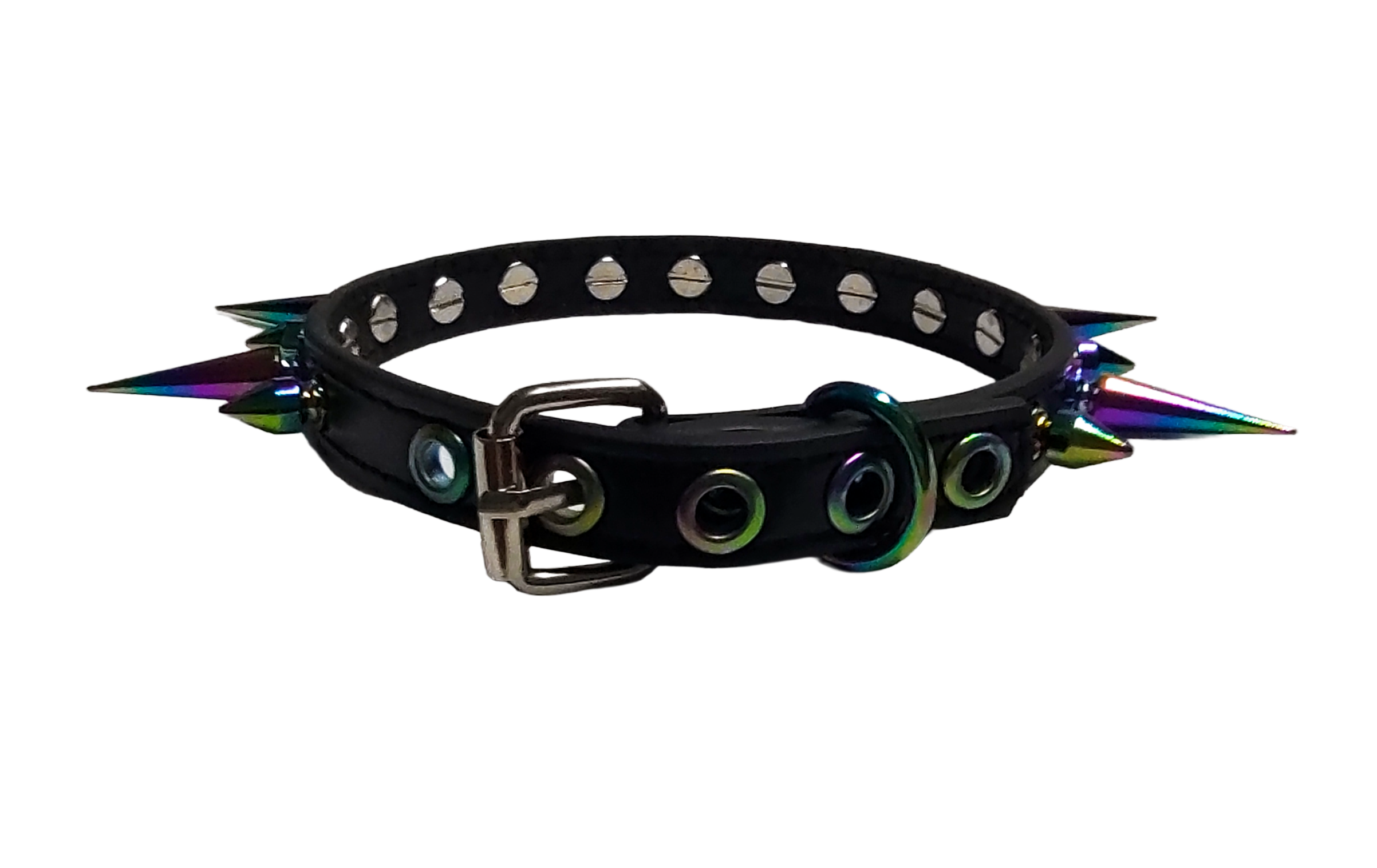 Black faux leather spiked collar with alternating iridescent rainbow spikes back view
