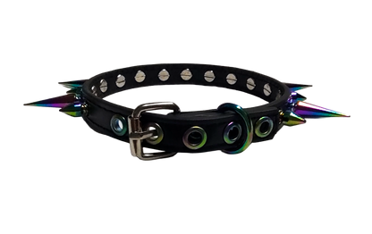 Black faux leather spiked collar with alternating iridescent rainbow spikes back view
