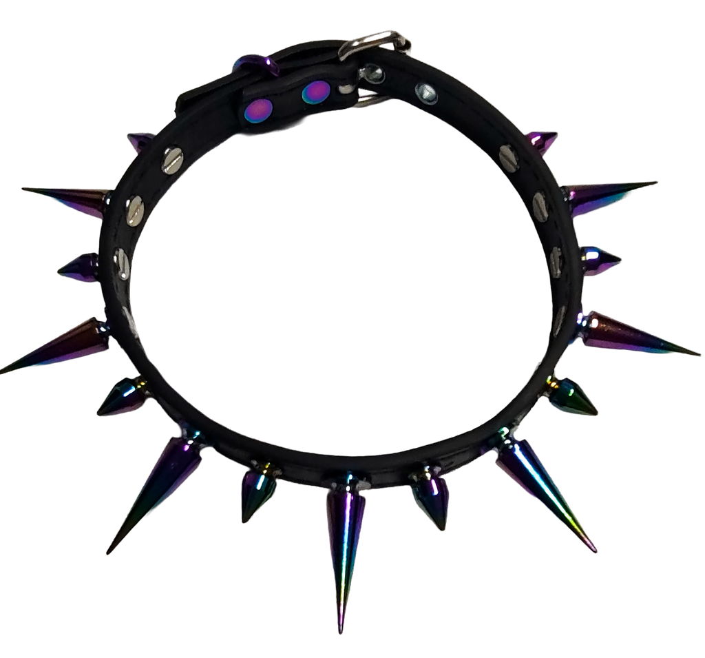 Black faux leather spiked collar with alternating iridescent rainbow spikes top view