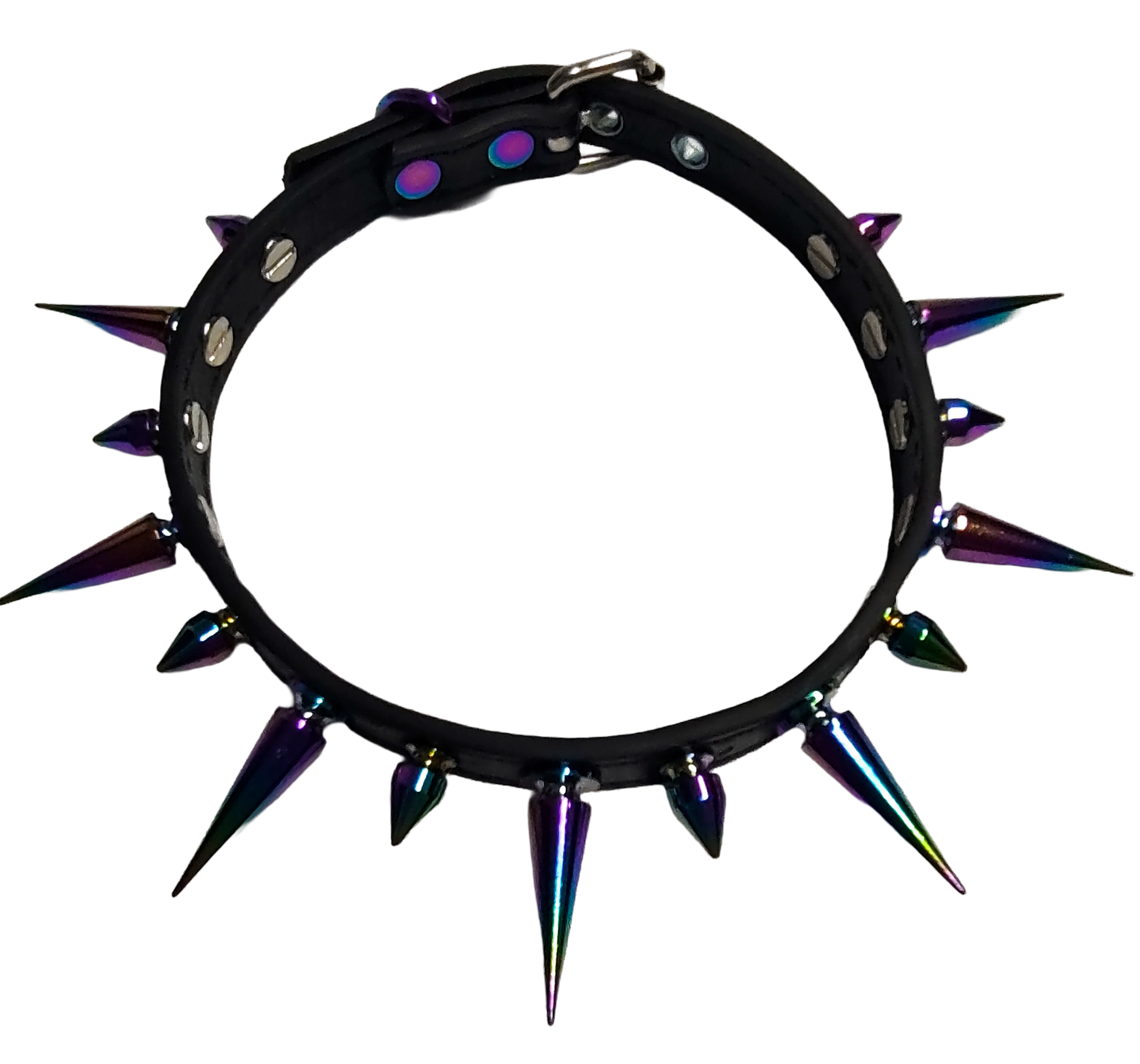 Black faux leather spiked collar with alternating iridescent rainbow spikes top view