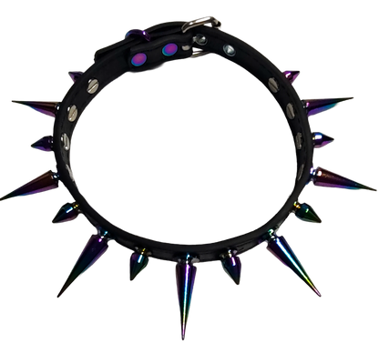 Black faux leather spiked collar with alternating iridescent rainbow spikes top view