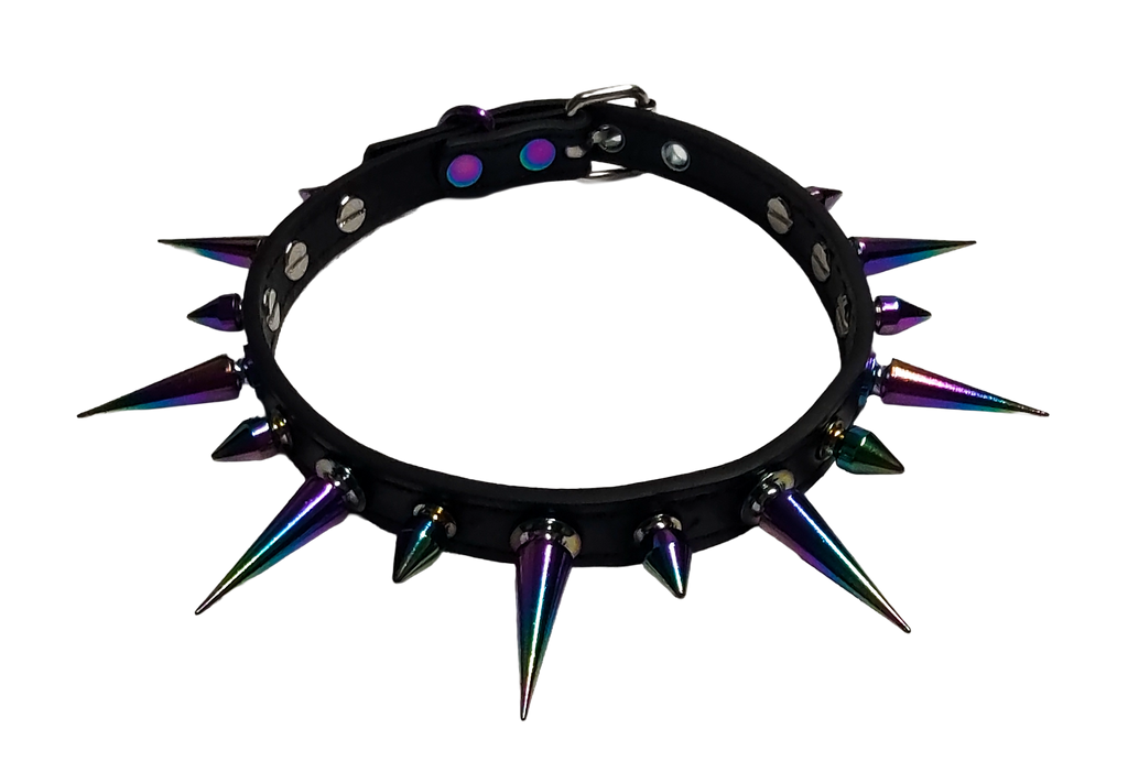 Black faux leather spiked collar with alternating iridescent rainbow spikes front top view
