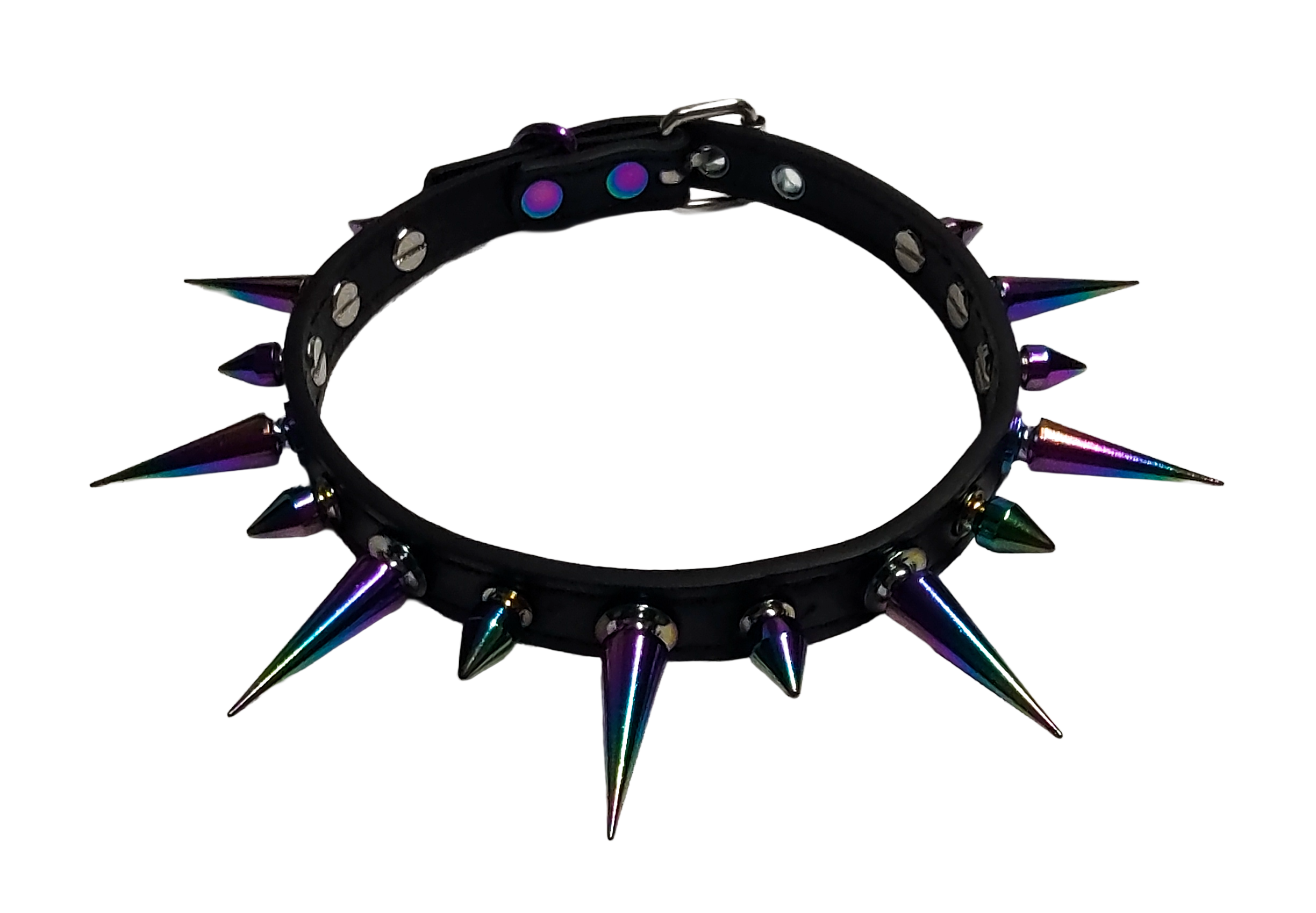 Black faux leather spiked collar with alternating iridescent rainbow spikes front top view