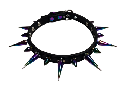 Black faux leather spiked collar with alternating iridescent rainbow spikes front top view