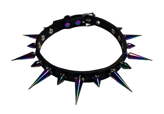Black faux leather spiked collar with alternating iridescent rainbow spikes front top view