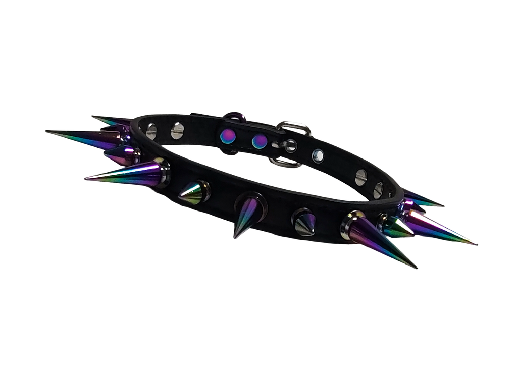 Black faux leather spiked collar with alternating iridescent rainbow spikes front view