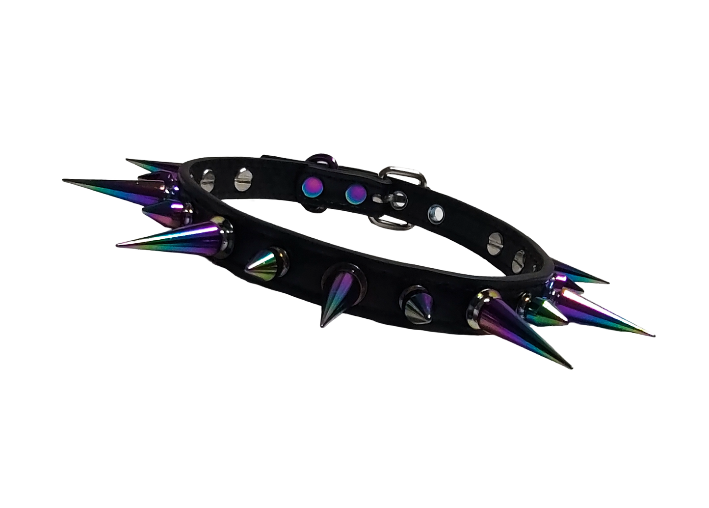 Black faux leather spiked collar with alternating iridescent rainbow spikes front view