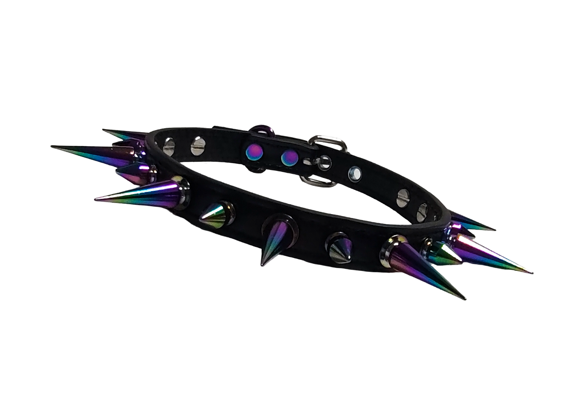 Black faux leather spiked collar with alternating iridescent rainbow spikes front view