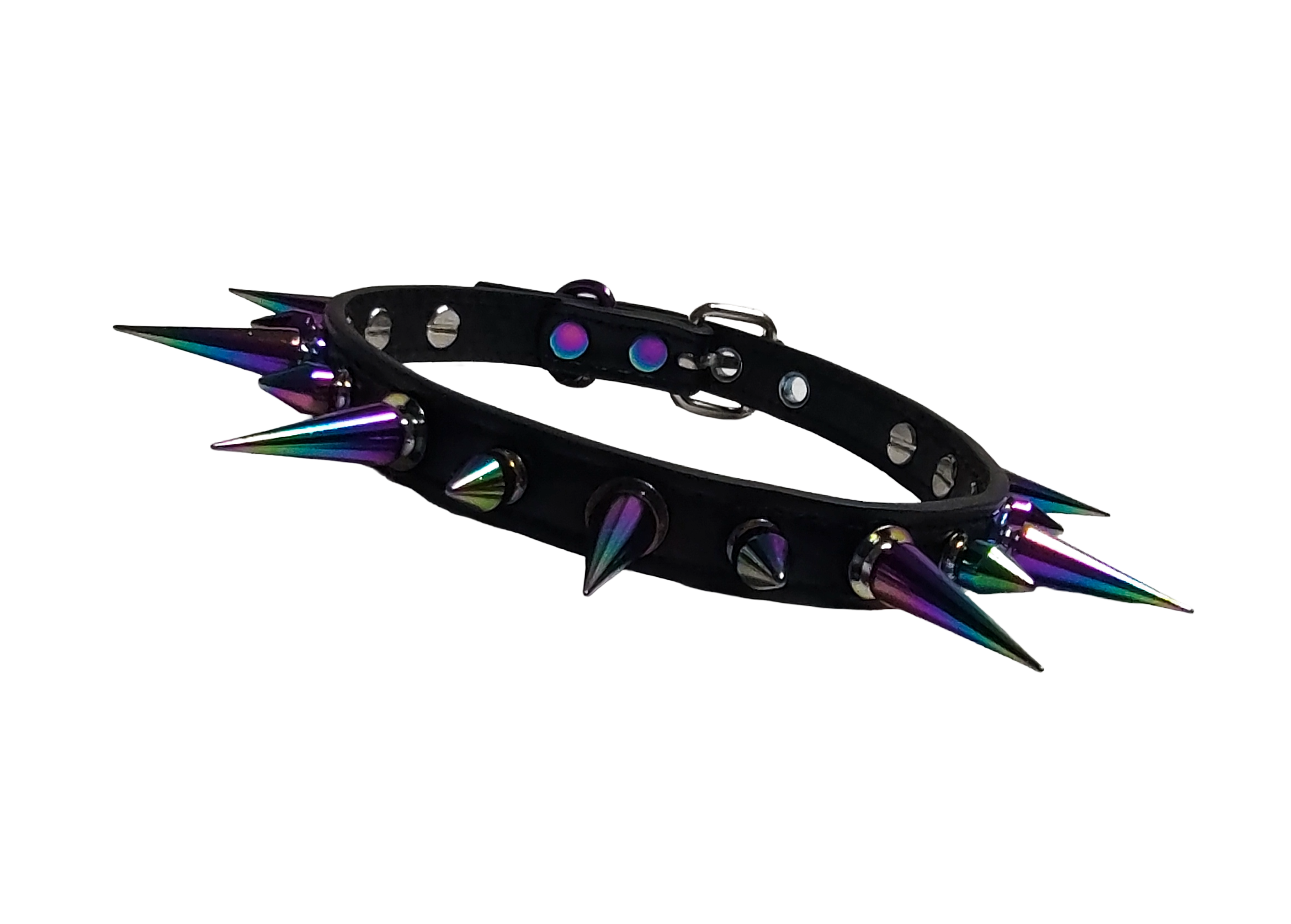 Black faux leather spiked collar with alternating iridescent rainbow spikes front view