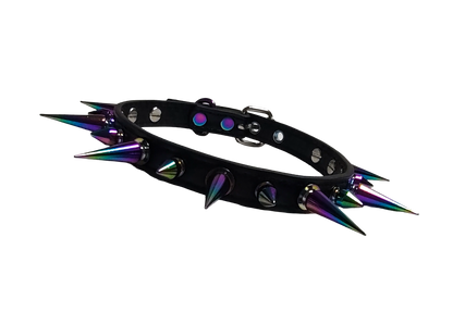 Black faux leather spiked collar with alternating iridescent rainbow spikes front view