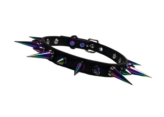 Black faux leather spiked collar with alternating iridescent rainbow spikes front view