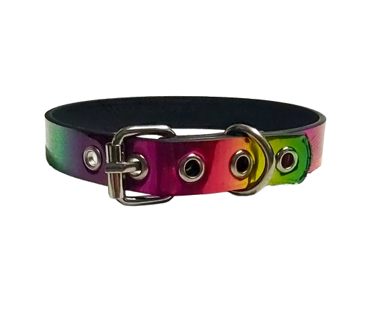 Holographic Rainbow faux leather pride choker back view