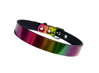 Holographic Rainbow faux leather pride choker front view