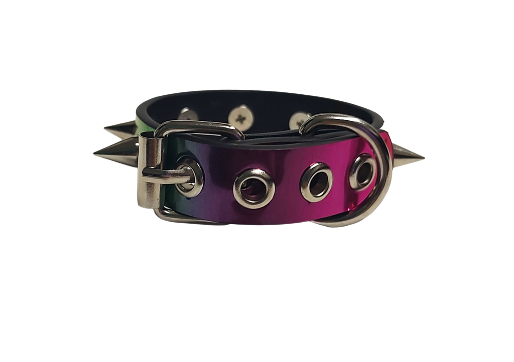 Holographic rainbow faux leather spike cuff bracelet back view
