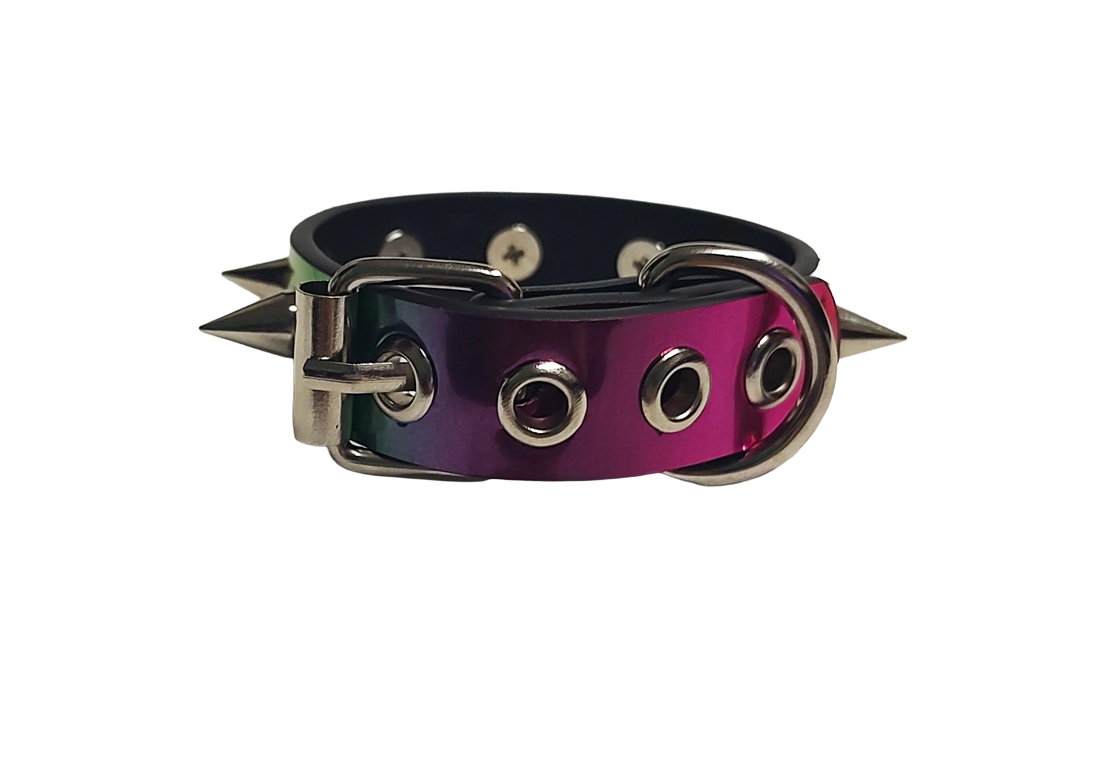 Holographic rainbow faux leather spike cuff bracelet back view