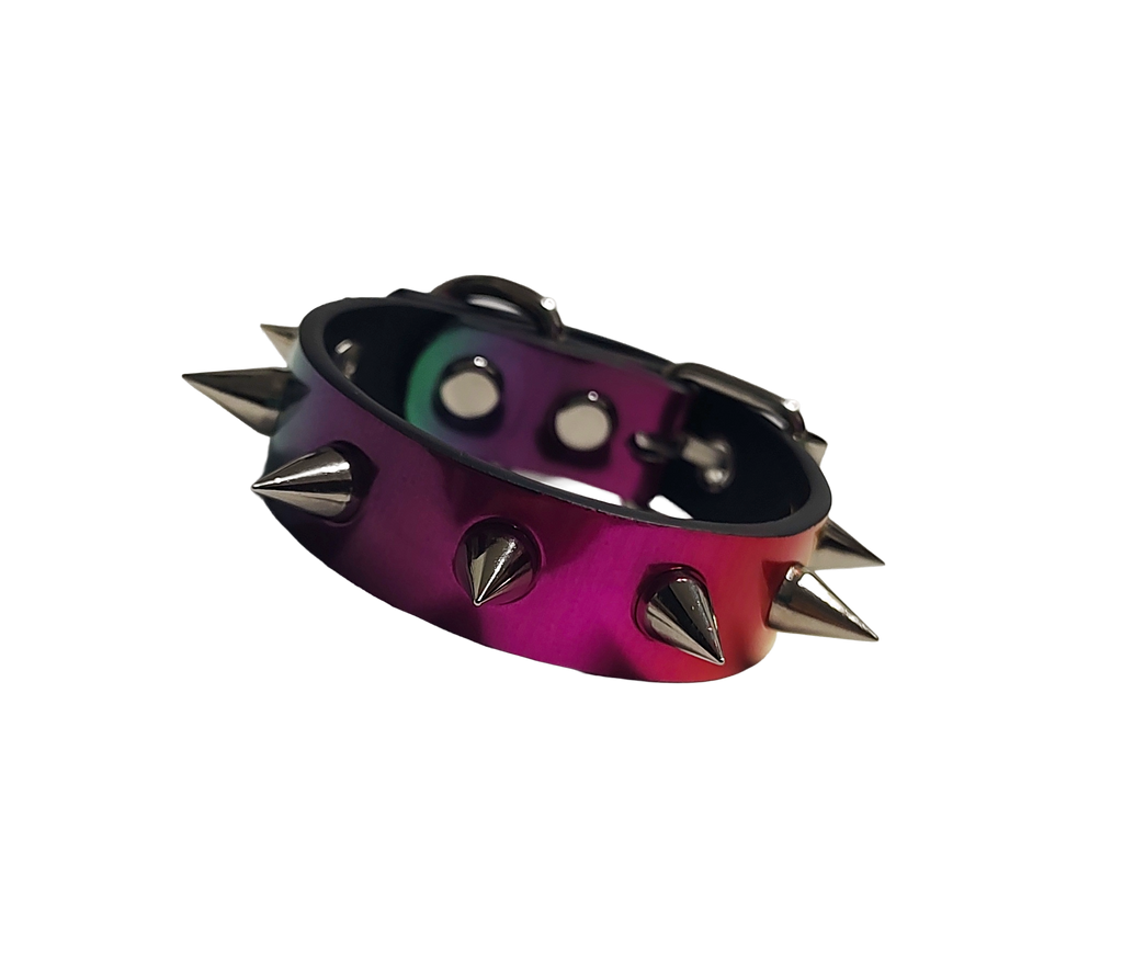 Holographic rainbow faux leather spike cuff bracelet front view