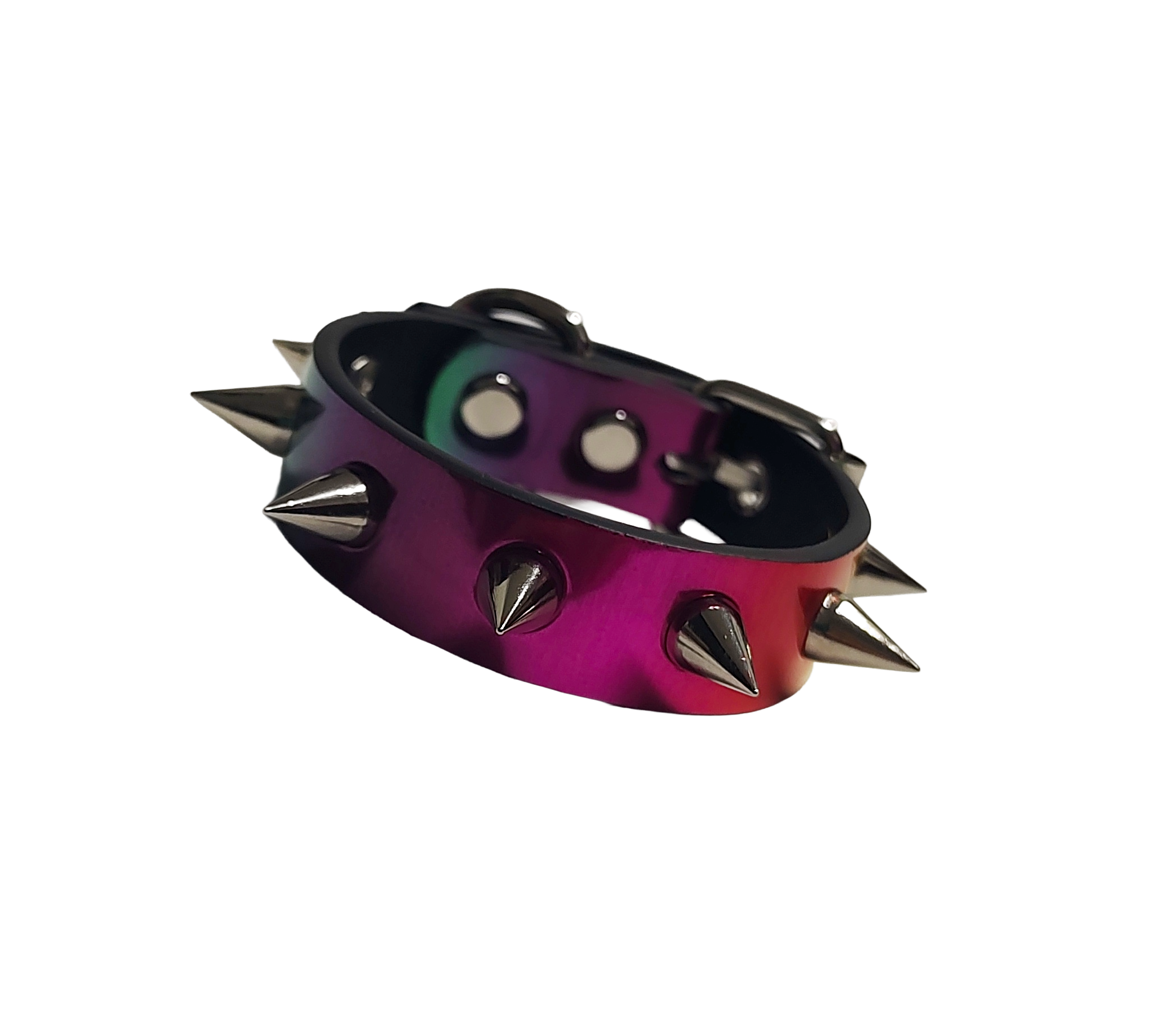 Holographic rainbow faux leather spike cuff bracelet front view