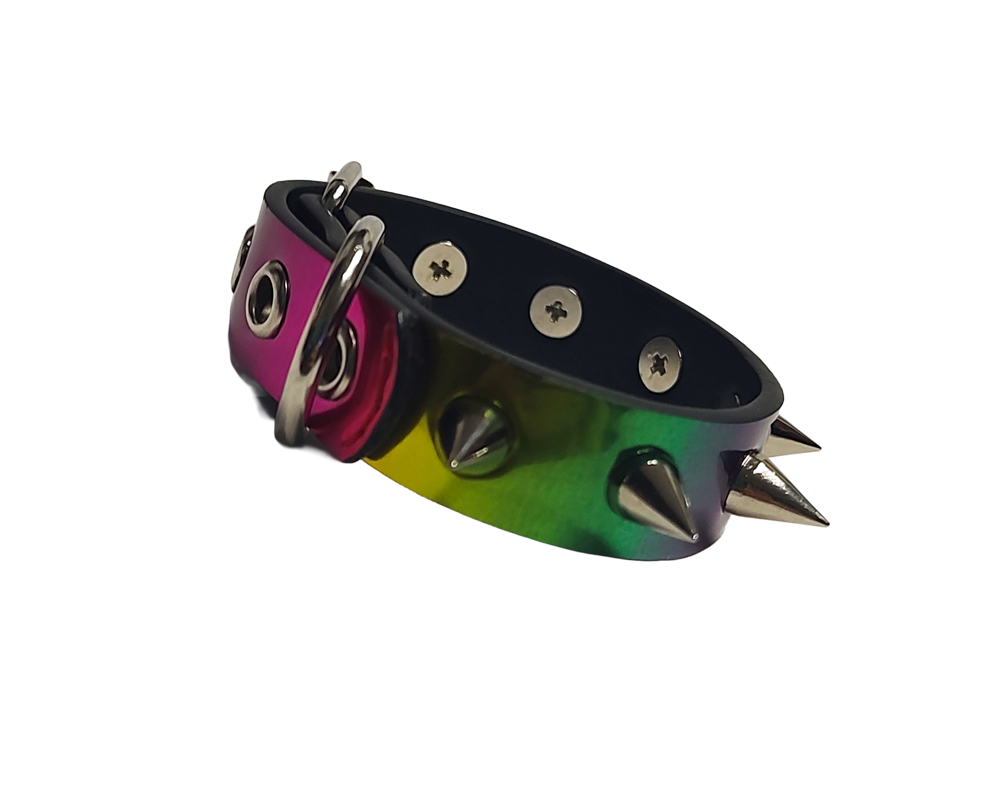 Holographic rainbow faux leather spike cuff bracelet left view