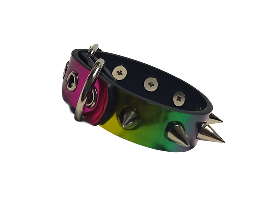 Holographic rainbow faux leather spike cuff bracelet left view
