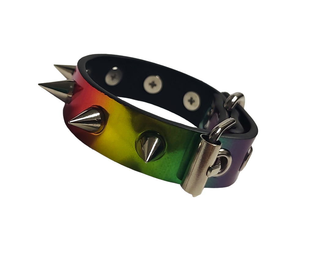 Holographic rainbow faux leather spike cuff bracelet right view