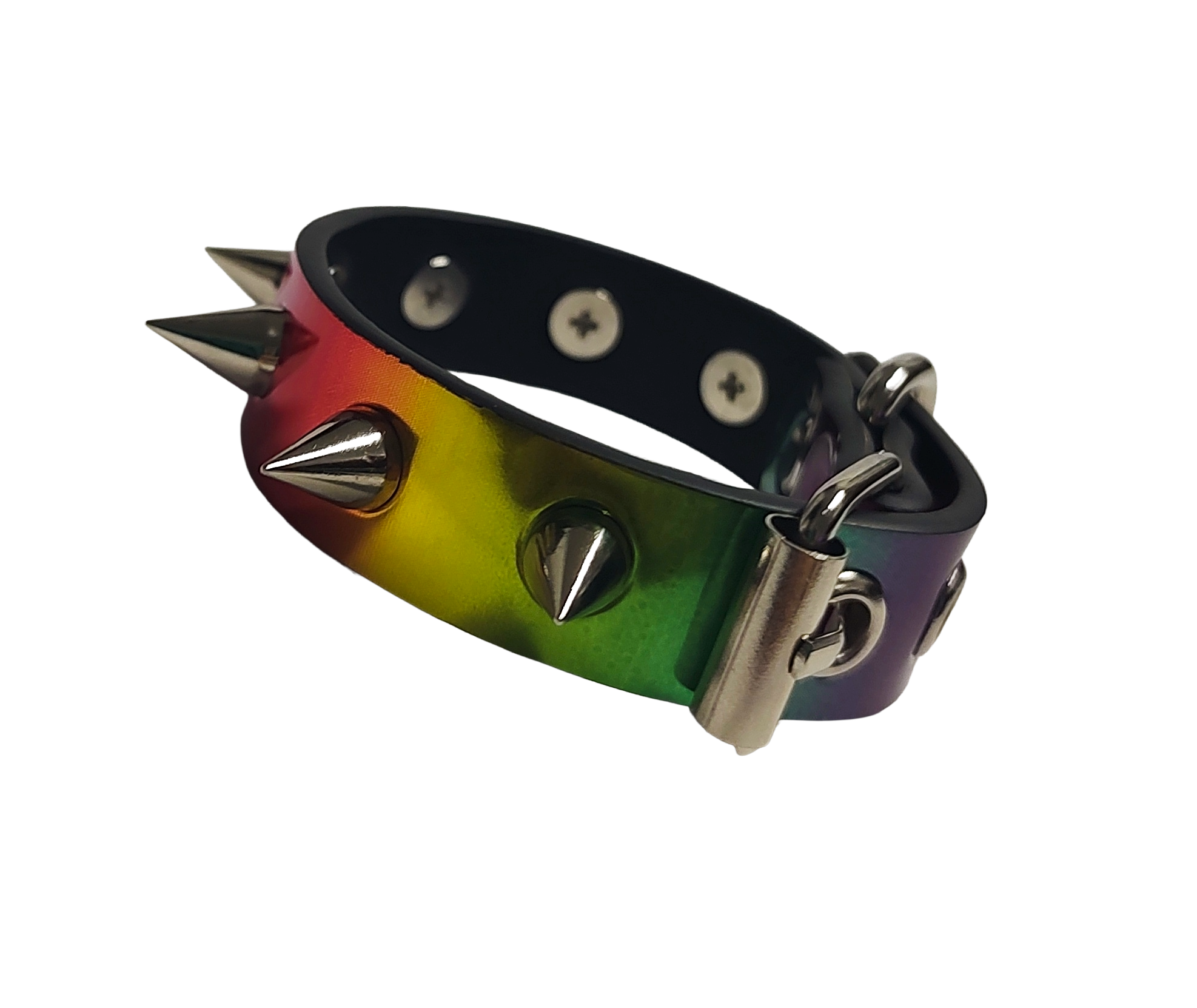 Holographic rainbow faux leather spike cuff bracelet right view