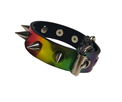 Holographic rainbow faux leather spike cuff bracelet right view