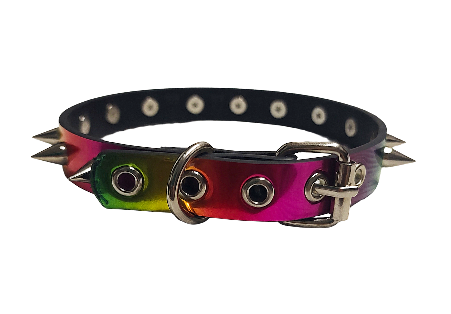 Holographic rainbow faux leather spike collar back view