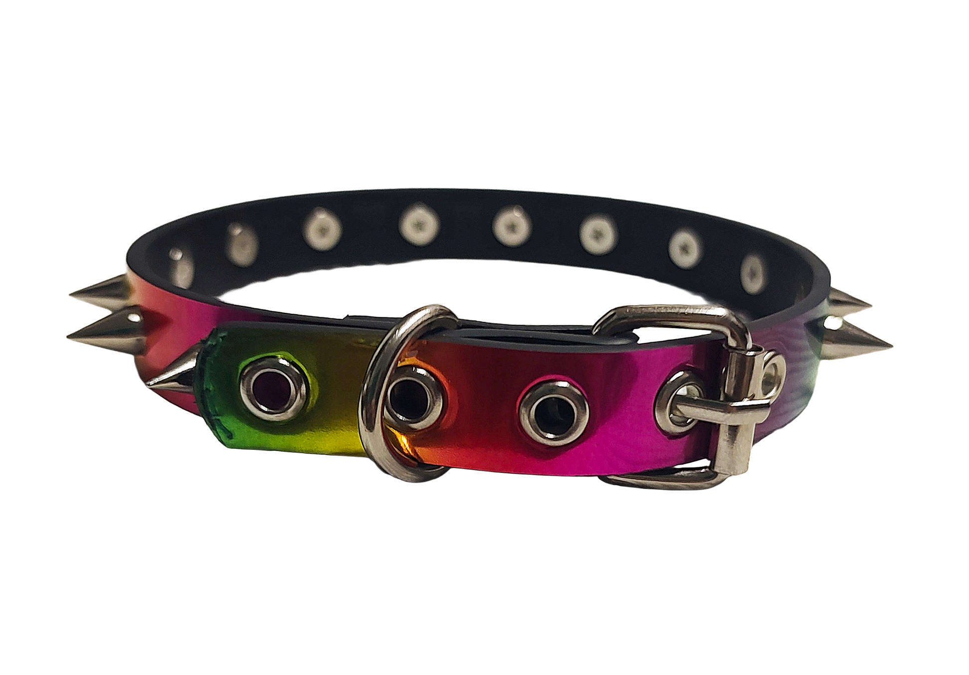 Holographic rainbow faux leather spike collar back view