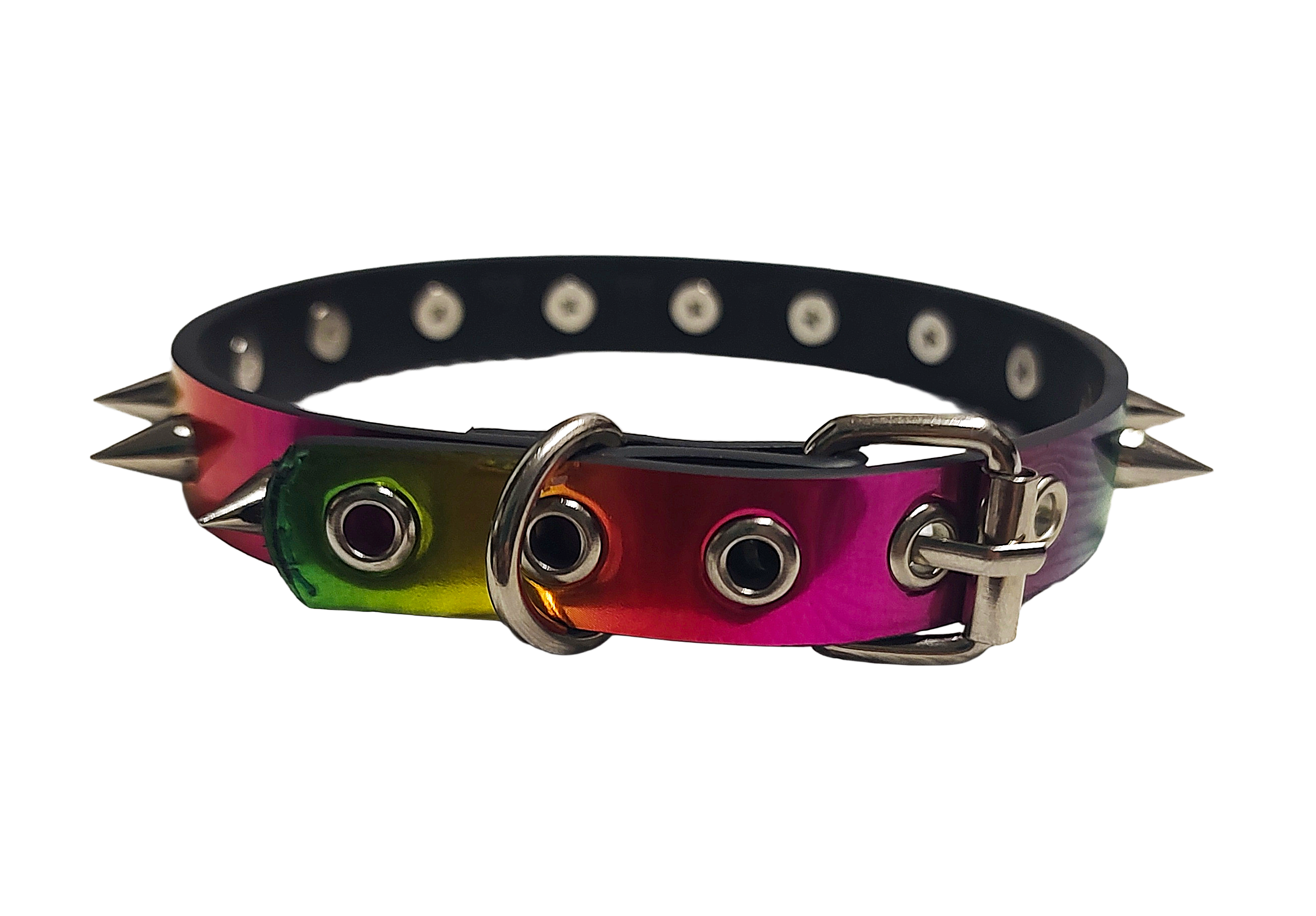 Holographic rainbow faux leather spike collar back view