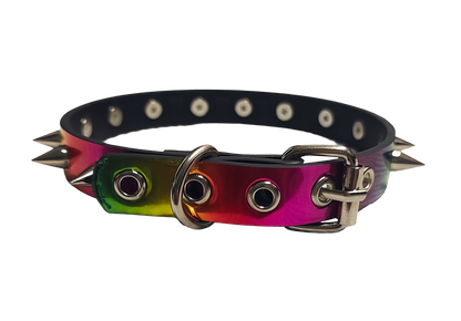 Holographic rainbow faux leather spike collar back view