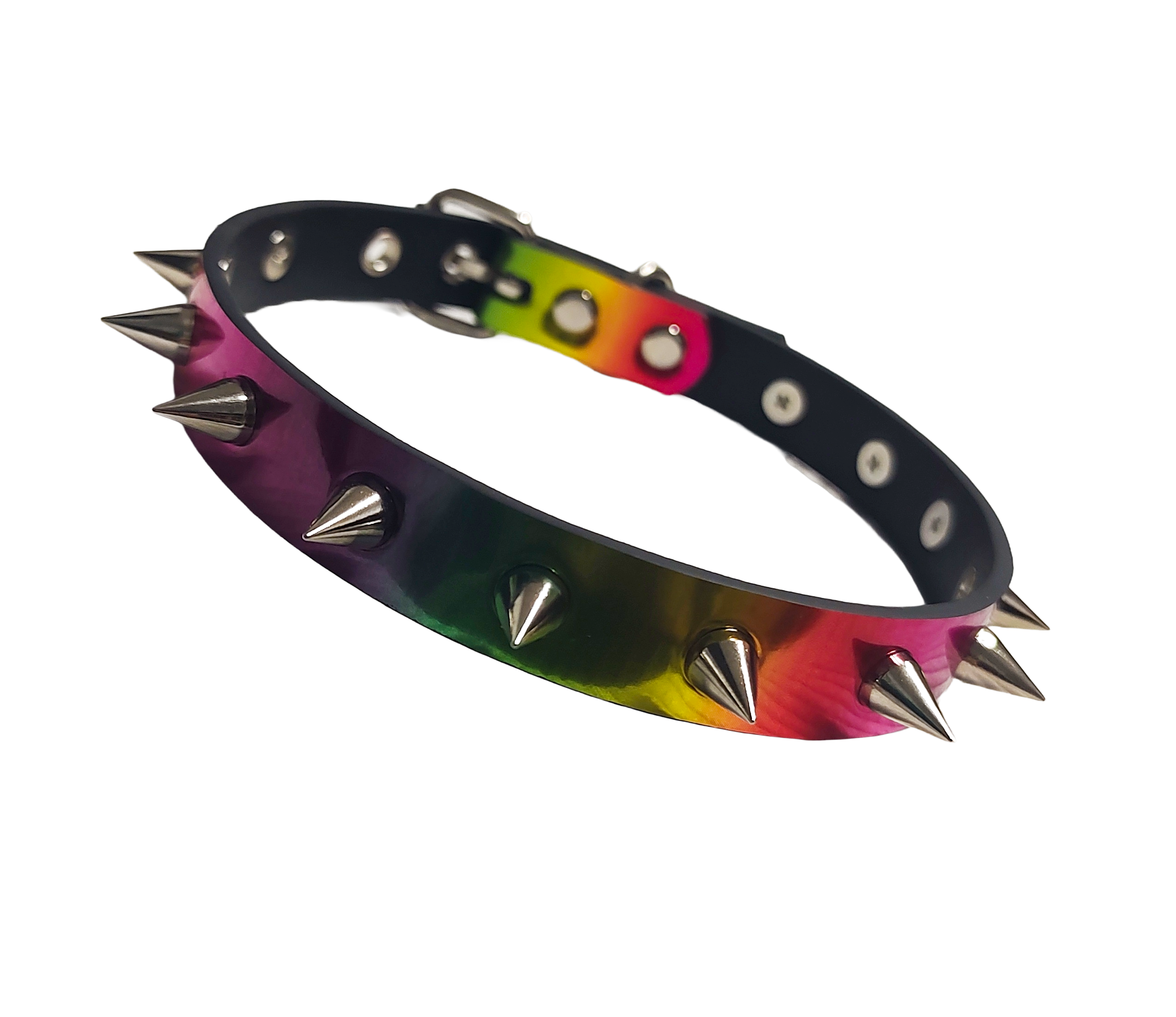 Holographic rainbow faux leather spike collar front view