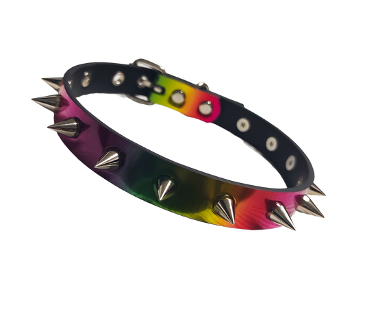 Holographic rainbow faux leather spike collar front view