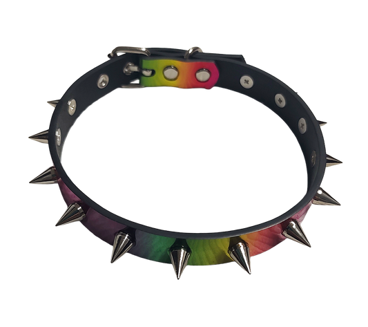 Holographic rainbow faux leather spike collar top view