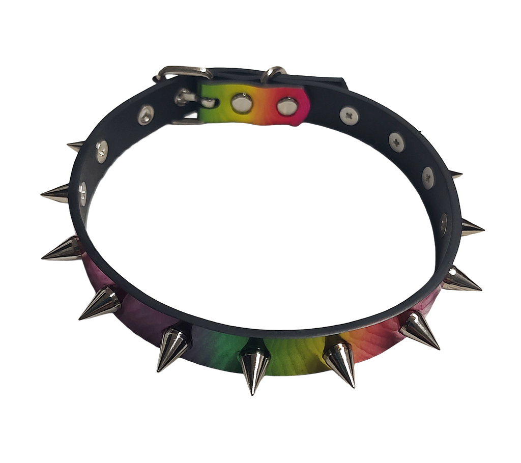 Holographic rainbow faux leather spike collar top view