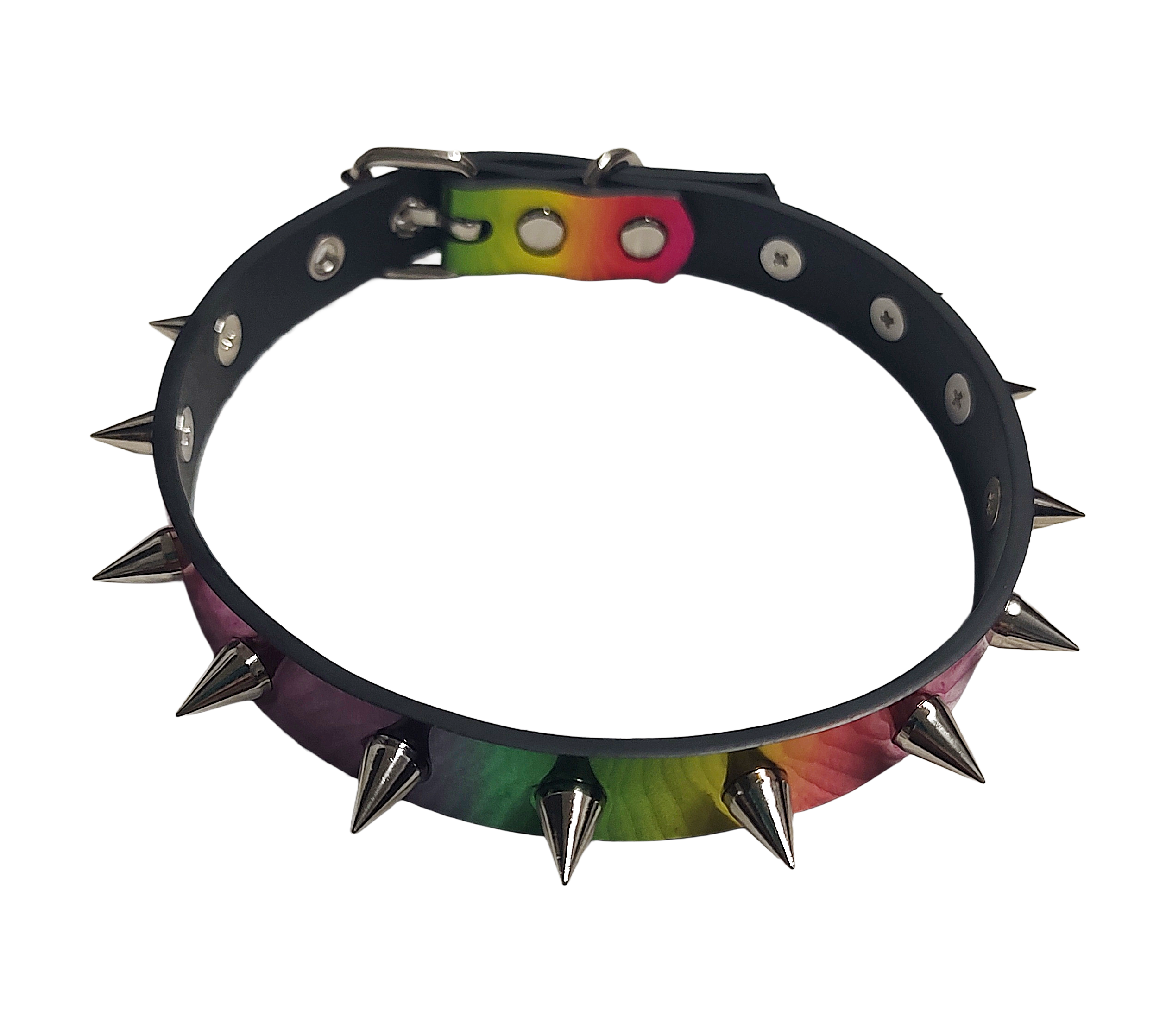 Holographic rainbow faux leather spike collar top view